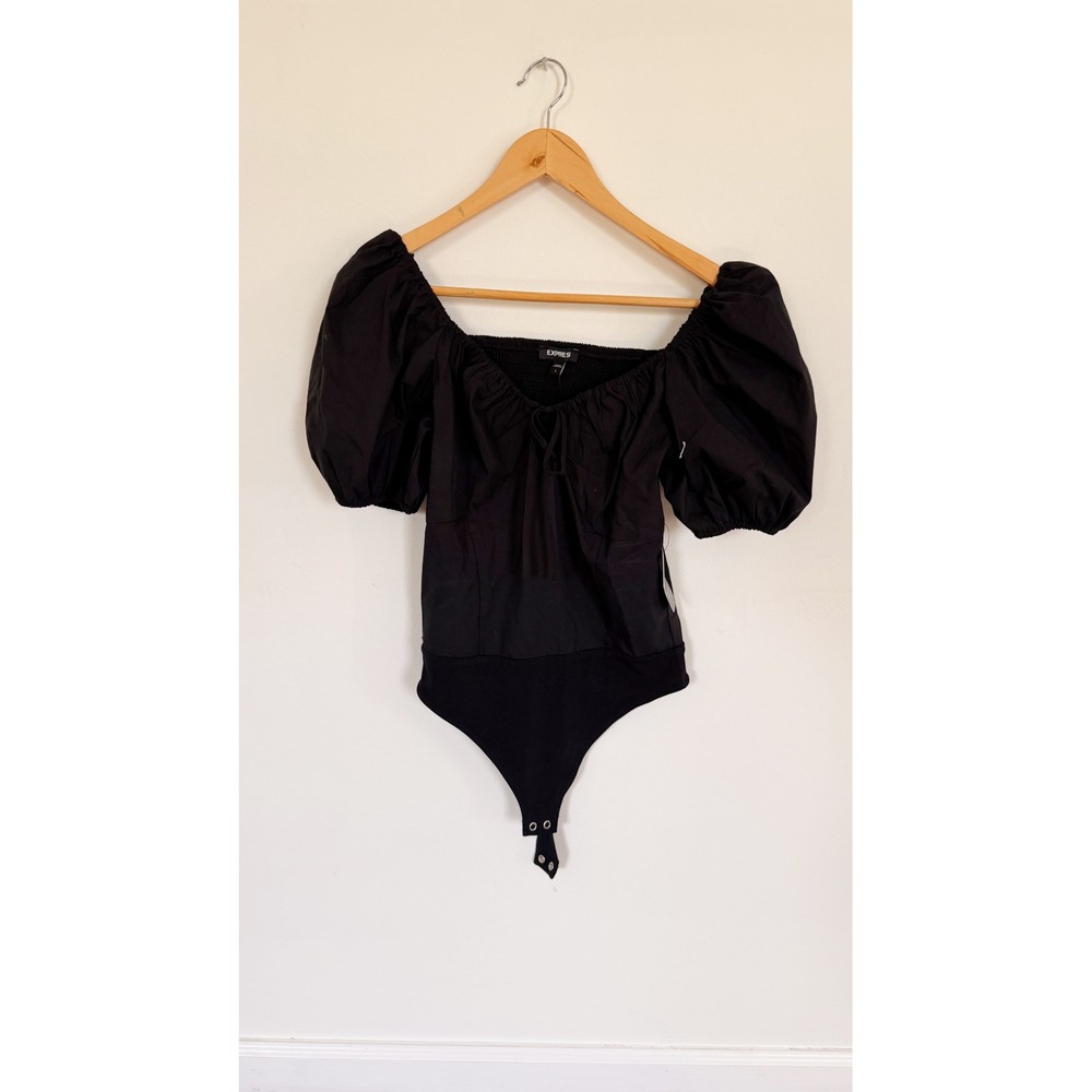 Express Black Puff Sleeve Off The Shoulder Smocked Bodice Bodysuit Small NWT‎